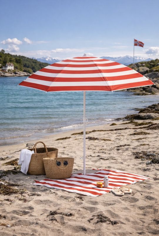 Strand parasoll RØD/HVIT
